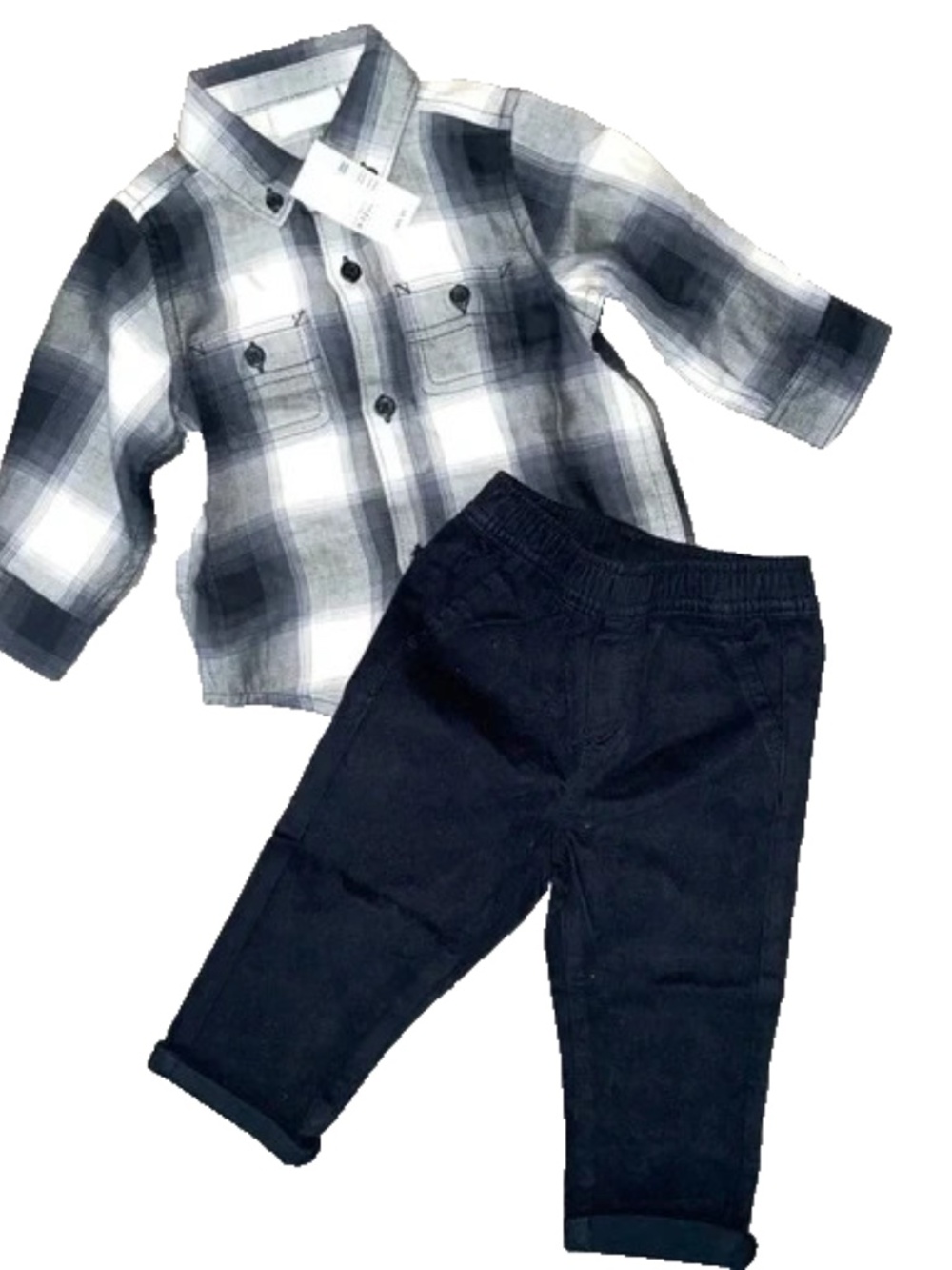 Children's Place Boys 9-12 Months Pant Set NEW Black Pants/Plaid Button Down
